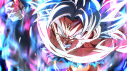 Rule 34 | 1boy, clenched hand, clenched teeth, dragon ball, dragon ball super, grey eyes, grey hair, male focus, muscular, muscular male, rom (20), short hair, solo, son goku, teeth, topless male, torn clothes, ultra instinct