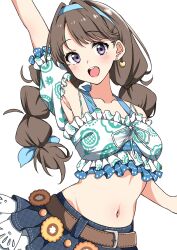 Rule 34 | 1girl, :d, arm up, armpits, belt, blue hairband, blush, brown belt, brown hair, collarbone, commentary, cropped shirt, denim, denim skirt, djpwjd1, earrings, floral print, floral print shirt, frilled skirt, frills, fujishima megumi, hairband, heart, heart earrings, highres, jewelry, link! like! love live!, long hair, looking at viewer, love live!, midriff, miniskirt, multi-tied hair, natsumeki pain (love live!), navel, off-shoulder shirt, off shoulder, official alternate costume, official alternate hairstyle, open mouth, purple eyes, shirt, short sleeves, short twintails, simple background, skirt, smile, solo, swept bangs, teeth, twintails, upper teeth only, virtual youtuber, white background, white shirt