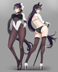 Rule 34 | 2girls, animal ears, ass, atago (azur lane), atago (stunning speedster) (azur lane), azur lane, back, bad id, bad pixiv id, bikini, black bikini, black footwear, black hair, black legwear, blouse, bow, breasts, brown eyes, butt crack, casual one-piece swimsuit, center opening, cleavage, cleavage cutout, clothing cutout, commentary request, covered navel, criss-cross halter, cropped jacket, elbow gloves, fingerless gloves, from behind, frown, full body, gloves, grey background, hair bow, hair flaps, half-closed eyes, halterneck, high heels, highres, keisoseimeitai, kneepits, leaning to the side, leotard, long hair, mole, mole under eye, multiple girls, one-piece swimsuit, pantyhose, ponytail, ribbon, shirt, shrug (clothing), side-by-side, simple background, skindentation, standing, swimsuit, takao (azur lane), takao (full throttle charmer) (azur lane), thighhighs, thighs, two-tone bikini, umbrella, very long hair, white bow, white footwear, white ribbon, white shirt, wrist cuffs, yellow eyes