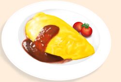 Rule 34 | food, food focus, no humans, omelet, omurice, original, shadow, simple background, still life, tan background, tomato, user kysh8434