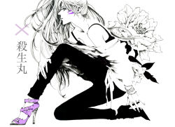 Rule 34 | 1boy, androgynous, belt, collarbone, demon, eyelashes, facial mark, flower, from side, half-closed eyes, high heels, inuyasha, long hair, looking at viewer, male focus, monochrome, monster boy, off shoulder, outside border, pants, pointy ears, profile, sesshoumaru, simple background, solo, spot color, very long hair, white background, yue (memento1113)