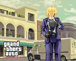 Rule 34 | 1girl, absurdres, alice margatroid, alternate costume, balcony, black hair, blazer, blonde hair, blue jacket, blue pants, building, bullet, bullet hole, bulletproof vest, clothes pull, cloud, collared shirt, commentary request, cookie (touhou), copyright request, cowboy shot, grand theft auto, gun, hair over eyes, handgun, highres, holding, holding gun, holding weapon, house, jacket, jigen (cookie), looking at viewer, mansion, megafaiarou (talonflame 810), motor vehicle, pants, revolver, shirt, shirt pull, short hair, sky, solo, standing, tongue, tongue out, touhou, van, weapon, white shirt, window