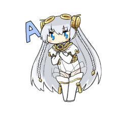 Rule 34 | 1girl, ar tonelico, ar tonelico i, blush, boots, braid, chibi, closed mouth, eyebrows, full body, gloves, hair between eyes, hair ornament, leaning forward, long hair, looking at viewer, serizawa enono, shurelia (ar tonelico), silver hair, simple background, smile, solo, standing, thigh boots, thighhighs, twin braids, very long hair, white background, white gloves, white thighhighs