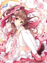 Rule 34 | 1girl, blush, bow, brown hair, closed mouth, commentary request, detached sleeves, flower, frilled sleeves, frills, full body, hair bow, hair flower, hair ornament, hair tubes, hakurei reimu, hand on own knee, hand to own mouth, hand up, legs together, long hair, looking at viewer, mary janes, mochizuki shiina, red bow, red footwear, shoe soles, shoes, sidelocks, sitting, smile, solo, thighhighs, touhou, white thighhighs, wide sleeves, yellow eyes, zettai ryouiki