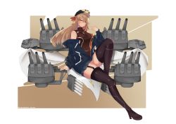 Rule 34 | 1girl, absurdres, blonde hair, breasts, cannon, full body, hat, highres, irian, jacket, large breasts, long hair, looking at viewer, military, military vehicle, nyxview, original, rigging, ship, socks, solo, thighhighs, torpedo tubes, turret, warship, watercraft, world of warships, yellow eyes