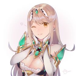 1girl bare_shoulders blonde_hair breasts chest_jewel cleavage gem gloves heart highres large_breasts long_hair looking_at_viewer mirin. mythra_(xenoblade) nintendo one_eye_closed simple_background smile solo swept_bangs teeth tiara upper_body white_background xenoblade_chronicles_(series) xenoblade_chronicles_2 yellow_eyes