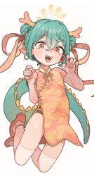 Rule 34 | 1girl, absurdres, blue hair, blush, brown eyes, china dress, chinese clothes, chinese zodiac, claw pose, commentary, commentary request, double bun, dragon girl, dragon horns, dragon print, dragon tail, dress, earrings, english commentary, fangs, fingernails, full body, hair between eyes, hair bun, hair ribbon, highres, hoop earrings, horns, jewelry, jumping, looking at viewer, making-of available, mixed-language commentary, open mouth, opossumachine, original, paid reward available, pelvic curtain, pointy ears, print dress, red footwear, red ribbon, ribbon, sharp fingernails, sharp teeth, short hair, short sleeves, side slit, simple background, smile, solo, tail, tareme, teeth, thighhighs, thighs, white background, white thighhighs, year of the dragon