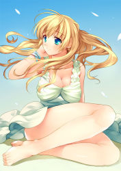 Rule 34 | 1girl, bad id, bad pixiv id, barefoot, blonde hair, blue eyes, breasts, cleavage, dress, feet, large breasts, long hair, mizuto umi (blue monday), original, petals, solo, wind