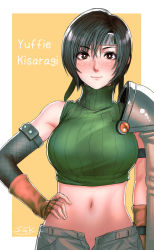 Rule 34 | &gt;:), 1990s (style), 1girl, alternate breast size, arm at side, armor, artist name, bare shoulders, black hair, breasts, bright pupils, brown eyes, brown gloves, brown shorts, buttons, character name, closed mouth, commentary request, crop top, final fantasy, final fantasy vii, fingerless gloves, gloves, headband, highres, large breasts, lips, navel, open fly, retro artstyle, sgk, short hair, shorts, shoulder pads, signature, sleeveless, sleeveless turtleneck, smile, solo, square enix, stomach, turtleneck, unbuttoned, unzipped, v-shaped eyebrows, yuffie kisaragi
