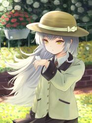 Rule 34 | 1girl, angel beats!, blush, bow, bug, butterfly, butterfly on hand, commentary request, crossed bangs, expressionless, eyelashes, floating hair, flower, garden, hair between eyes, hand up, hat, hat bow, insect, jacket, long hair, long sleeves, looking at animal, miniskirt, parted lips, pleated skirt, red flower, red rose, rose, school uniform, sidelighting, skirt, solo, tagame (tagamecat), tenshi (angel beats!), very long hair, white butterfly, white flower, white hair, white rose, white skirt, yellow bow, yellow eyes, yellow flower, yellow hat, yellow jacket