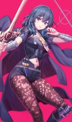 Rule 34 | 1girl, armor, blue eyes, blue hair, boots, brown pantyhose, byleth (female) (fire emblem), byleth (fire emblem), cape, deadnooodles, fire emblem, fire emblem: three houses, gloves, high heel boots, high heels, highres, holding, holding sword, holding weapon, long sleeves, looking at viewer, medium hair, navel, nintendo, open mouth, pantyhose, pantyhose under shorts, print pantyhose, shorts, simple background, solo, sword, sword of the creator, weapon