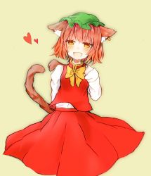 1girl :d animal_ear_fluff animal_ears beige_background blush bow bowtie breasts brown_eyes brown_hair cat_ears cat_tail chaki_(kinaneko2149) chen commentary_request cowboy_shot cropped_legs dress earrings fang gold_trim hand_up hat heart heart_tail jewelry looking_at_viewer mob_cap multiple_tails nekomata open_mouth red_dress short_hair simple_background single_earring skin_fang small_breasts smile solo tail touhou two_tails yellow_background yellow_bow yellow_bowtie