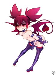 Rule 34 | 1girl, arm strap, bent over, boots, bracelet, breasts, collar, commentary, demon tail, demon wings, disgaea, earrings, english commentary, etna (disgaea), foxinshadow, full body, gloves, grin, highres, jewelry, makai senki disgaea, nipples, pointy ears, purple collar, purple gloves, red eyes, red hair, shaded face, signature, skull earrings, small breasts, smile, solo, tail, thigh boots, topless, twintails, wings