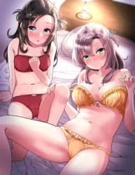 Rule 34 | 2girls, :o, bed, black hair, blush, bra, breasts, commentary request, commission, double bun, green eyes, grey eyes, grey hair, hair between eyes, hair bun, hair ornament, hair tie, hairclip, highres, kantai collection, kinugasa (kancolle), lamp, large breasts, long hair, looking at viewer, makinami (kancolle), multiple girls, nose blush, off shoulder, on bed, panties, parted lips, pillow, red bra, red panties, skeb commission, small breasts, smile, soba chatarou (tita), take your pick, underwear, underwear only, yellow bra, yellow panties