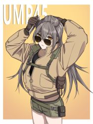 Rule 34 | 1girl, aviator sunglasses, backpack, bag, brown-tinted eyewear, brown eyes, brown gloves, brown jacket, brushing hair, brushing own hair, camouflage, camouflage shorts, character name, closed mouth, feet out of frame, girls&#039; frontline, gloves, grey hair, hair brush, hand in own hair, highres, holding, holding brush, jacket, long hair, looking at viewer, looking over eyewear, looking over glasses, rainbow six siege, shorts, simple background, solo, standing, sunglasses, tinted eyewear, ump45 (girls&#039; frontline), yitiao er-hua