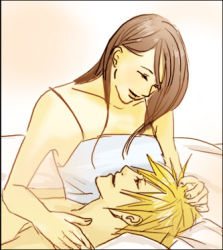 Rule 34 | 1990s (style), bed, cloud strife, couple, closed eyes, final fantasy, final fantasy vii, lap pillow, lowres, smile, tifa lockhart, topless