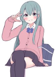 Rule 34 | 1girl, absurdres, aqua eyes, aqua hair, bag, black skirt, black thighhighs, blue bow, blue bowtie, bow, bowtie, cardigan, cowboy shot, cropped legs, hair ornament, hairclip, highres, invisible chair, kantai collection, long hair, official alternate costume, pink cardigan, pleated skirt, school bag, school uniform, simple background, sitting, skirt, sleeves past wrists, solo, suzuya (kancolle), thighhighs, tiemu (man190), v, white background