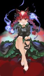 Rule 34 | 1girl, animal ears, barefoot, black background, black bow, black ribbon, bow, braid, cat ears, commentary, dress, feet, frilled dress, frilled sleeves, frills, full body, green dress, hair bow, hands on own cheeks, hands on own face, highres, hitodama, iovebly, kaenbyou rin, knees up, leg ribbon, long sleeves, looking at viewer, medium hair, red eyes, red hair, ribbon, simple background, sitting, skull, smile, solo, touhou, twin braids
