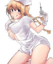 Rule 34 | 1girl, absurdres, areola slip, blue eyes, blush, braid, breasts, closed mouth, dress, finger to mouth, gloves, hair ornament, hat, highres, kantai collection, kiritto, kneeling, large breasts, latex, latex gloves, light brown hair, long hair, looking at viewer, nurse, nurse cap, open clothes, open dress, propeller hair ornament, short dress, simple background, solo, syringe, teruzuki (kancolle), tongue, tongue out, twin braids, white background, white dress, white gloves