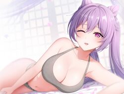 Rule 34 | 1girl, blush, bra, breasts, cleavage, cone hair bun, diamond-shaped pupils, diamond (shape), double bun, genshin impact, grey bra, grey panties, hair bun, hair ears, highres, indoors, keqing (genshin impact), large breasts, long hair, looking at viewer, lying, navel, on side, one eye closed, open mouth, paid reward available, panties, purple eyes, purple hair, smile, solo, symbol-shaped pupils, twintails, underwear, underwear only, window, yisusjpl