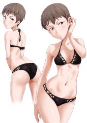Rule 34 | 10s, 1girl, arm behind back, ass, back, bad id, bad twitter id, bikini, black bikini, blush, breasts, brown eyes, brown hair, closed mouth, commentary request, cowboy shot, freckles, from behind, gin&#039;you haru, girls und panzer, highres, inactive account, light frown, looking at viewer, looking back, medium breasts, multiple views, naomi (girls und panzer), navel, parted lips, short hair, simple background, standing, swimsuit, very short hair, white background