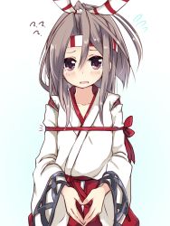Rule 34 | 1girl, ?, amano kouki, blush, brown hair, collarbone, flat chest, flying sweatdrops, hair ribbon, hairband, japanese clothes, kantai collection, looking at viewer, parody, ponytail, purple eyes, rei no himo, revision, ribbon, sketch, solo, zuihou (kancolle)
