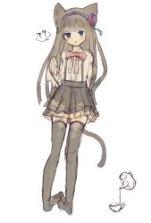 Rule 34 | 1girl, :o, ?, ??, animal ears, black thighhighs, blue eyes, blush, bow, brown hair, brown tail, cat ears, cat tail, commentary request, cup, flower, frilled skirt, frills, full body, hair flower, hair ornament, head wreath, highres, kawaii rowa, kettle, long hair, long sleeves, neck ribbon, no shoes, open mouth, original, pleated skirt, pouring, red flower, red ribbon, red rose, ribbon, rose, shirt, simple background, skirt, solo, tail, teacup, thighhighs, very long hair, white background, white shirt