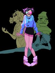 Rule 34 | 1girl, 3boys, aged up, arms behind head, black hair, black skirt, boots, chest hair, clenched teeth, flat color, food in mouth, fur jacket, gorillaz, hair ornament, hairclip, highres, itajou pajamako, jacket, long sleeves, looking at viewer, looking to the side, miniskirt, multiple boys, murdoc niccals, nipples, no pupils, noodle (gorillaz), nude, open mouth, parted bangs, russel hobbs, scared, short twintails, skirt, skull cap, stuart pot, sunglasses, sweatdrop, teeth, trembling, twintails, white footwear
