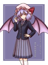 Rule 34 | 1girl, alternate costume, bat wings, black background, black jacket, border, bow, bowtie, closed mouth, grey skirt, hat, hat ribbon, highres, jacket, long sleeves, looking at viewer, mob cap, plaid, plaid bow, plaid bowtie, pleated skirt, purple bow, purple hair, red eyes, red ribbon, remilia scarlet, ribbon, school uniform, shitacemayo, short hair, skirt, smile, solo, touhou, white border, white hat, wings
