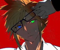 Rule 34 | 2boys, blonde hair, blue eyes, cloud strife, eyewear on head, final fantasy, final fantasy vii, fui (fui29493452), gloves, glowing, glowing eyes, green eyes, hand on another&#039;s head, heterochromia, male focus, multiple boys, red background, sephiroth, shirt, simple background, solo focus, spiked hair, sweatdrop, white gloves, white shirt