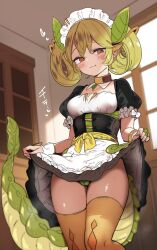 Rule 34 | 1girl, apron, blush, breasts, clothes lift, dragon girl, dragon horns, dragon tail, dress, duel monster, green hair, highres, horns, large breasts, long hair, looking at viewer, maid, maid apron, maid headdress, panties, parlor dragonmaid, puffy sleeves, short sleeves, skirt, skirt lift, solo, suzuki toto, tail, underwear, yellow eyes, yu-gi-oh!
