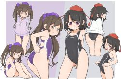 Rule 34 | 2girls, :d, alternate costume, ass, bare shoulders, black hair, black leotard, blush, brown eyes, brown hair, competition swimsuit, contrapposto, covered navel, cowboy shot, cropped legs, feet out of frame, flat chest, full body, hat, highres, himekaidou hatate, jitome, leotard, long hair, looking back, multiple girls, multiple views, one-piece swimsuit, open mouth, purple background, purple eyes, shameimaru aya, short hair, simple background, sitting, smile, swimsuit, tokin hat, touhou, turnip kabura