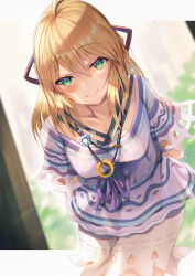Rule 34 | 1girl, arms behind back, blonde hair, breasts, covered erect nipples, cowboy shot, day, fiora (xenoblade), green eyes, inoue takuya (tactactak), jewelry, leaning forward, long hair, looking at viewer, medium breasts, necklace, nintendo, outside border, shirt, smile, solo, striped clothes, striped shirt, xenoblade chronicles (series), xenoblade chronicles 1