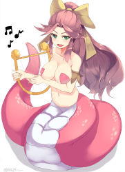 Rule 34 | &gt;:d, 1girl, :d, armband, blush, breasts, fangs, full body, green eyes, hair ribbon, hanjuku hero, harp, highres, holding, holding instrument, instrument, lamia, large breasts, long hair, looking at viewer, monster girl, music, musical note, navel, nude, open mouth, parted bangs, pasties, pink hair, playing instrument, ponytail, ribbon, simple background, smile, solo, tinpam, v-shaped eyebrows, very long hair, white background, yellow ribbon