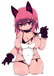 Rule 34 | 1girl, bikini, bikini pull, black bikini, black choker, black gloves, blush, breasts, choker, closed mouth, clothes pull, cowboy shot, deathlock-san, gloves, gluteal fold, hair between eyes, hand up, headgear, highres, large breasts, looking at viewer, one-piece swimsuit, original, pink hair, pointy ears, pulled by self, short hair, side-tie bikini bottom, simple background, skindentation, solo, standing, swimsuit, thigh gap, wading, wet, white background, white one-piece swimsuit, zankuro