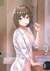 Rule 34 | 1girl, areola slip, bad arm, bathroom, blue eyes, blush, breasts, brown hair, brushing teeth, commentary request, cup, dress shirt, hair ornament, highres, kantai collection, kuroame (kurinohana), large breasts, looking at viewer, maya (kancolle), messy hair, naked shirt, open clothes, open shirt, shirt, short hair, sink, solo, toothbrush, white shirt, x hair ornament