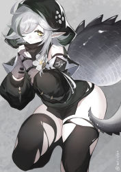 1girl, ahoge, arknights, black legwear, black shirt, black sleeves, brown gloves, cowboy shot, crocodilian tail, detached sleeves, flower, gloves, grey background, grey hair, hands together, highres, hood, hood up, looking at viewer, multicolored hair, pointy ears, shirt, short hair, solo, standing, standing on one leg, streaked hair, thighhighs, thighs, tomimi (arknights), torn clothes, torn legwear, twitter username, white flower, wtcolor, yellow eyes