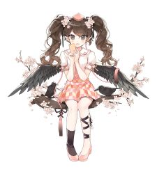 Rule 34 | 1girl, :d, adapted costume, animal, bird, bird wings, black socks, black wings, blush, branch, brown hair, cellphone, checkered clothes, checkered skirt, cherry blossoms, chimi (s2yuyukos2), crow, flower, full body, grey eyes, hair flower, hair ornament, hair ribbon, hat, highres, himekaidou hatate, holding, holding phone, leg ribbon, long hair, looking at viewer, miniskirt, necktie, open mouth, petals, phone, pink flower, pink footwear, pink skirt, pleated skirt, pointy ears, puffy short sleeves, puffy sleeves, ribbon, shirt, shoes, short sleeves, simple background, single sock, sitting, skirt, smile, socks, solo, tassel, tokin hat, touhou, twintails, wavy hair, white background, white shirt, wings
