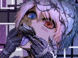 Rule 34 | 1girl, android, barbed wire, barcode, barcode tattoo, blue eyes, blue tongue, colored tongue, commentary, commentary request, english commentary, gun in mouth, heterochromia, highres, looking at viewer, mechanical parts, mixed-language commentary, original, piercing, pink hair, red eyes, shapen kezuri (s.k), short hair, signature, solo, tattoo, tongue, tongue out, tongue piercing, very short hair