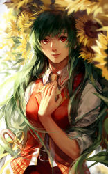 Rule 34 | 1girl, ascot, bad id, bad pixiv id, belt, earrings, fancybetty, flower, green hair, hand on own chest, jewelry, kazami yuuka, kazami yuuka (pc-98), light smile, long hair, looking at viewer, open clothes, open vest, red eyes, shirt, skirt, skirt set, smile, solo, sunflower, touhou, touhou (pc-98), very long hair, vest