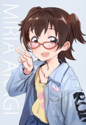 Rule 34 | :d, akagi miria, blue background, blue jacket, blush, character name, collar, collarbone, collared jacket, djheycha, glasses, hair ornament, hair scrunchie, idolmaster, idolmaster cinderella girls, jacket, long sleeves, looking at viewer, looking to the side, medium hair, open mouth, red scrunchie, scrunchie, shirt, simple background, smile, solo, twintails, two side up, v, yellow shirt