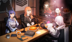 Rule 34 | 1boy, 5girls, ahoge, alternate costume, armrest, binder, black gloves, black legwear, black neckwear, blonde hair, blue hair, blush, bow, breasts, buttons, chair, clenched hand, clock, closed mouth, coat, commander (girls&#039; frontline), commentary request, computer, cup, double-breasted, eyes visible through hair, fingerless gloves, food, fork, fur trim, girls&#039; frontline, glasses, gloves, green eyes, grey hair, griffin &amp; kryuger military uniform, hair between eyes, hair over shoulder, hand on table, head on table, headgear, helianthus (girls&#039; frontline), highres, holding, holding fork, holding paper, horns, kalina (girls&#039; frontline), laptop, leotard, light, logo, long hair, low-tied long hair, medium breasts, microphone, microphone stand, monocle, mug, multiple girls, mush, necktie, notebook, orange eyes, orange hair, paper, pen, petals, pie, pk (girls&#039; frontline), plate, ponytail, red coat, red eyes, scarf, scrunchie, shadow, shawl, shirt, sidelocks, sleeve cuffs, smile, spatula, springfield (girls&#039; frontline), studio microphone, sweatdrop, swept bangs, table, tar-21 (girls&#039; frontline), uniform, utensil in mouth, very long hair, white leotard, white shirt, wing collar, wire, wooden table