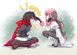 Rule 34 | 2girls, angry, arms behind back, bdsm, bondage, bound, bound wrists, brown hair, cape, full body, iesupa, kneeling, multicolored hair, multiple girls, neo politan, pantyhose, purple eyes, red cape, ruby rose, rwby, sound effects, split-color hair