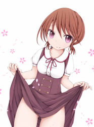 Rule 34 | 1girl, breasts, brown hair, clothes lift, codemofel, collarbone, dress, dress lift, floral background, gluteal fold, hair between eyes, highres, kantai collection, lifted by self, looking at viewer, low twintails, meme attire, petals, purple eyes, sailor collar, shirayuki (kancolle), short hair, small breasts, solo, twintails, virgin killer outfit