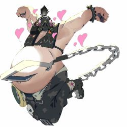 Rule 34 | 1boy, absurdres, armor, armpits, belly, belt buckle, big belly, black nails, blush, boots, buckle, camouflage, camouflage pants, chain, chest hair, combat boots, fabulous, fat, fat man, fingernails, gas mask, grey hair, heart, heart-shaped pupils, highres, hook, jumping, load bearing vest, looking at viewer, male focus, mask, muscular, muscular male, nail polish, open fly, overwatch, overwatch 1, pants, pauldrons, roadhog (overwatch), short ponytail, shoulder armor, single pauldron, skull, solo, spikes, symbol-shaped pupils, white background, yun-bai hua