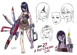 Rule 34 | 1girl, @ @, bandaged leg, bandages, bare shoulders, barefoot, blood, blood stain, chain, chainsaw, colored sclera, crazy eyes, crazy smile, cuffs, english text, evil smile, face, grin, hair over one eye, heterochromia, holding, holding syringe, hook, knife, long hair, mask, multiple views, multiple weapons, one eye covered, original, overalls, rags, red sclera, ryuusei (mark ii), saw, scar, screw, shackles, smile, swiss army knife, syringe, teeth, torn clothes, weapon, wide-eyed, yellow eyes