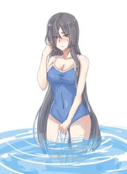 Rule 34 | 1girl, auo123, bare shoulders, black hair, blue one-piece swimsuit, blush, breasts, cleavage, closed mouth, covered navel, eyes visible through hair, highres, holding, long hair, one-piece swimsuit, origami yukari, ripples, simple background, sketch, solo, standing, sweat, swimsuit, toji no miko, very long hair, water, white background