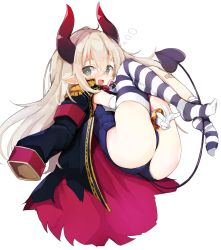 Rule 34 | 1girl, bangle, blonde hair, blue one-piece swimsuit, blush, bracelet, demon girl, demon horns, demon tail, elbow gloves, emma august, fang, full body, gloves, green eyes, hair between eyes, highres, horns, jacket, jacket on shoulders, jewelry, long hair, nijisanji, one-piece swimsuit, open mouth, pointy ears, school swimsuit, simple background, solo, striped clothes, striped thighhighs, swimsuit, tail, teranekosu, thighhighs, virtual youtuber, white background, white gloves