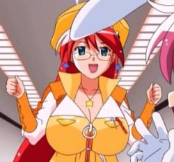 Rule 34 | 00s, 1girl, animated, animated gif, anime screenshot, bouncing breasts, breasts, glasses, green eyes, hat, huge breasts, lipstick, long hair, lowres, magical teacher komachi, makeup, nurse witch komugi-chan, red hair, screencap, solo
