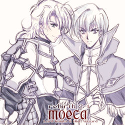 Rule 34 | &gt;:(, 2boys, armor, blonde hair, breastplate, capelet, character name, closed mouth, fingerless gloves, frown, gloves, green eyes, high wizard (ragnarok online), long hair, looking at viewer, lord knight (ragnarok online), male focus, military, military uniform, multiple boys, purple eyes, ragnarok online, shijou satori, shoulder pads, silver hair, sketch, sword, uniform, upper body, v-shaped eyebrows, weapon